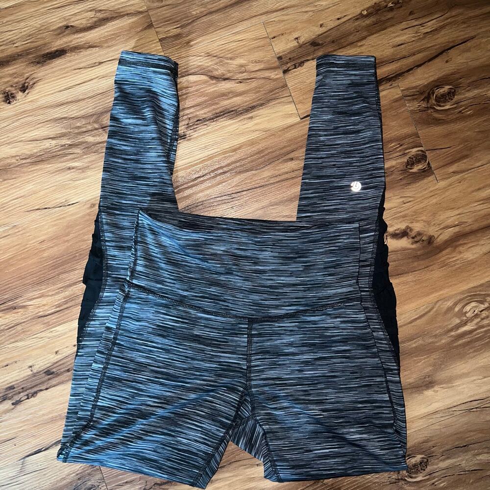 Black Gray Striped Champion Leggings Size Small w Ruched Laced Detail Siding